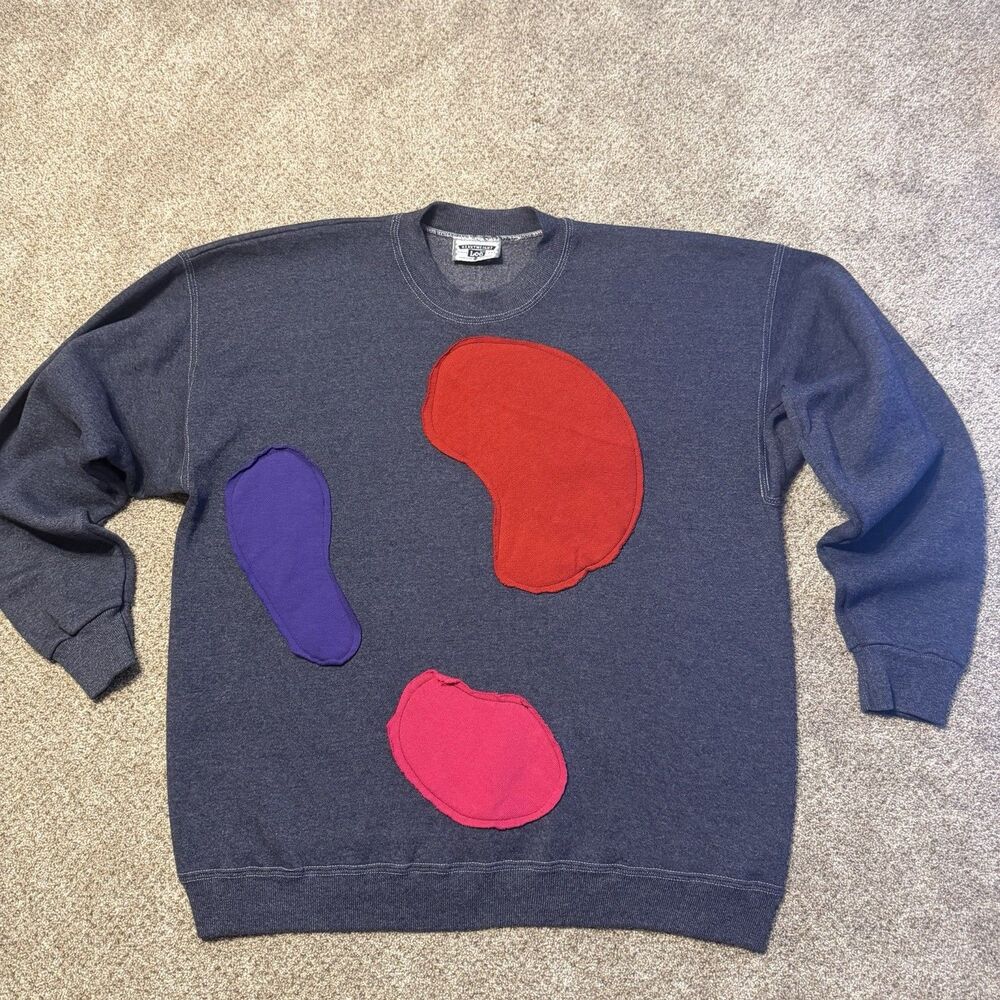 VTG Lee Crewneck Sweatshirt Gray M Colorblock Abstract Blob Patchwork Indie Y2K